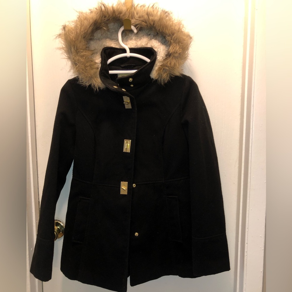 Pea coat, black with faux fur hood and gold buttons, size small
